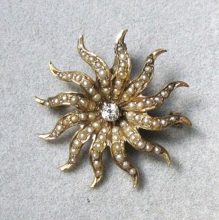 Antique Victorian 14k Old Mine Cut Diamond And Pearl Sunburst Pin / Pendant