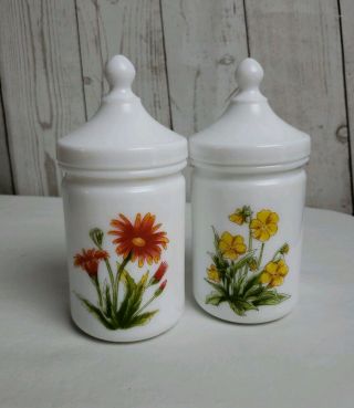 Set Of 2 Vintage White Milk Glass Apothecary Lidded Jars With Flowers France