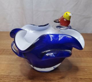 Vintage Murano Hand Blown Art Glass Blue & White Bowl W/ Red & Yellow Bird