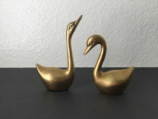 Pair Vintage Solid Brass Swans Geese Mid Century Figurines Sculptures