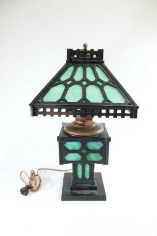 Rare Arts And Crafts Green Slag Glass Cast Iron Lamp Converted Success Brand