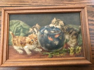 Vintage Cat Kittens 3 - D Puffed Picture Fish Bowl Wood Frame