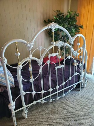 Vintage White Iron Queen Sized Bed With Brass And White Marble Accents W/ Frame