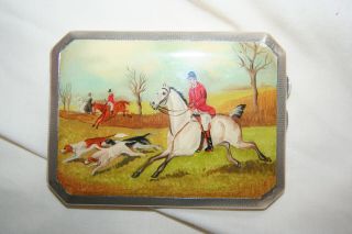 Antique Silver Cigarette Case With Enamel Painted Hunting Scene.  Birm