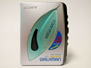 Vintage Sony Walkman Cassette Tape Player Wm - Ex190 Mega Bass Silver & Teal
