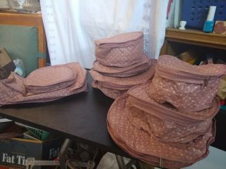 8 Pc Vtg Mauve Quilted Dinnerware Storage Fine China Protection Cushion Zippered