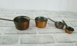 Vintage Set Of 4 Copper Nesting Measuring Cups Riveted Brass Handles Korea