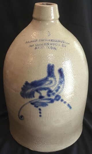 Antique Blue Bird Decorated Stoneware Crock Hetherington Greenwich Village Ny