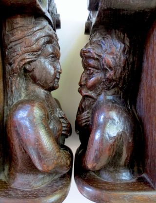 Rare Antique 18th Century Carved Wooden Adam And Eve Corbels Salvaged Bookends