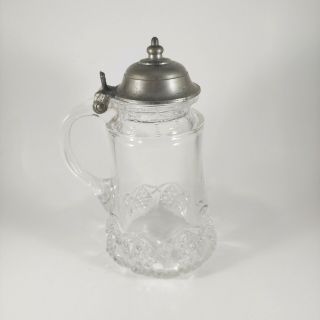 Vintage Crystal Cut Glass Creamer Syrup Pitcher W Hinged Metal Lid