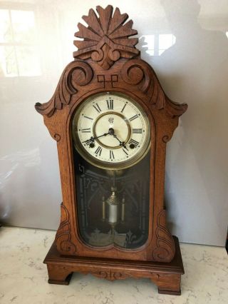 Antique Waterbury Oak Mantel Chiming Clock,  Circa 1900