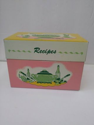 Vintage Recipe Box Metal Box Ohio Art Kitchen Salad Pink Yellow Blue