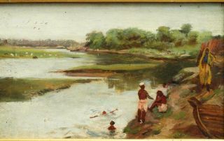 19th Century Boys Swimming Plein Air Impressionist India ? Antique Oil Painting