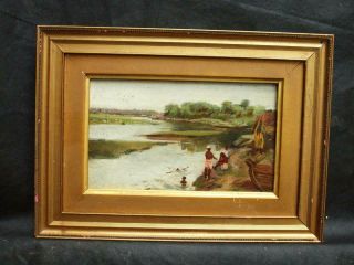 19th CENTURY BOYS SWIMMING PLEIN AIR IMPRESSIONIST INDIA ? Antique Oil Painting 2