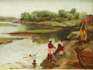 19th CENTURY BOYS SWIMMING PLEIN AIR IMPRESSIONIST INDIA ? Antique Oil Painting 3