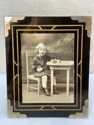 Vtg 1920’s Art Deco Matting Glass Frame Metal Corners Girl Blonde Hair Portrait