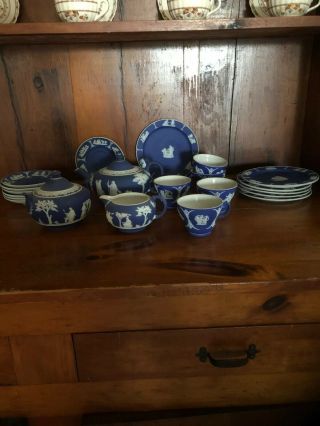 Antique Wedgwood Dark Blue Jasperware Tea Set.  Circa 1870 - 1890.