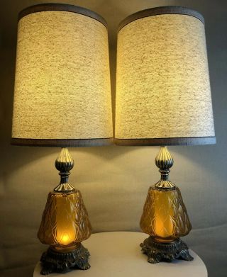Pair Vintage Mid Century Crusaders Amber Glass Light Up Base Circa 1971 Lamps
