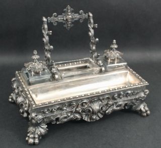Large Antique Victorian Silver Plate Inkwell Stand,  Lion Paws & Snake Pen Holder