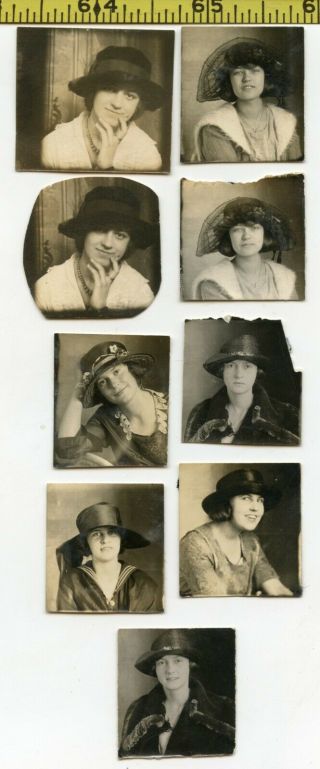 (9) Vintage Photobooth Photos / Young Women In Hats - Teenage Fashions / 1910 