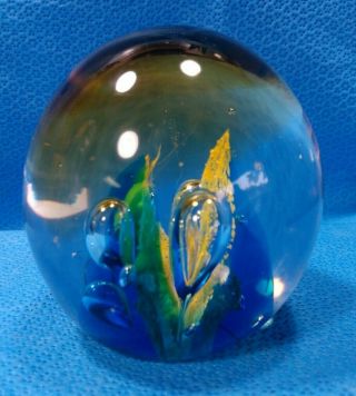 Vintage Art Glass Paperweight Murano? Bubble Blue Amber Old Antique Egg Shaped