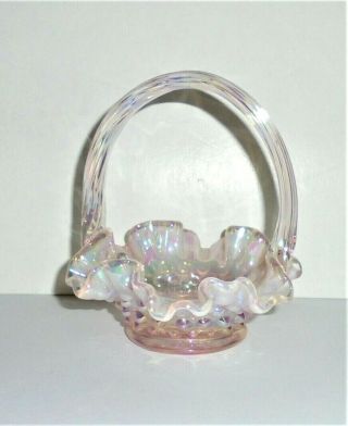 Vtg Fenton Mini 3 7/8 " X 4 " Lt Pink Hobnail Carnival Glass Basket Applied Handle
