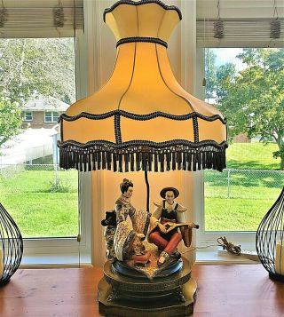 ⚡vintage Asian Oriental Porcelain Figural Table Lamp Antique Brass Base & Shade⚡