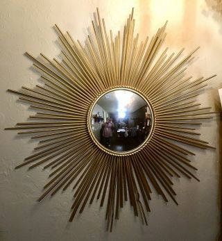 Vintage 39inch Retro Mid Century Modern Gold Sunburst Starburst Convex Mirror