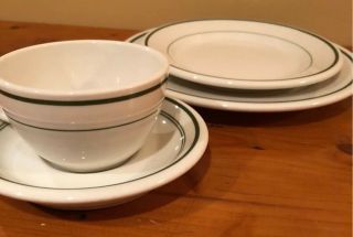 2 Vtg Buffalo China Restaurant Ware Green Stripe 4 Piece Place Setting Cup Plate