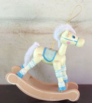 Vintage Hand Painted Cream/blue Wood Rocking Horse Christmas Ornament 3 1/2 "