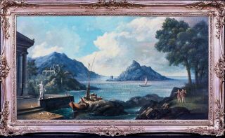 Large 19th Century Classical Italian Arcadian Landscape Antique Oil Painting