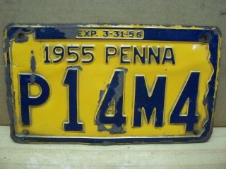 Vintage 1955 1956 Pennsylvania Pa Automobile Car License Plate Tag