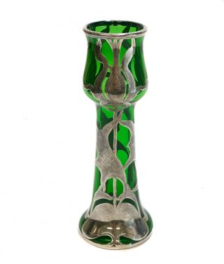 La Pierre Sterling Silver Overlay Green Art Glass Bud Vase,  Circa 1910