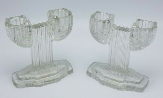Vintage Anchor Hocking Queen Mary Clear Cactus Art Deco Candlesticks