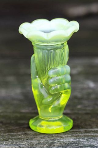Vintage Fenton Topaz Vaseline Opalescent Miniature Hand Vase