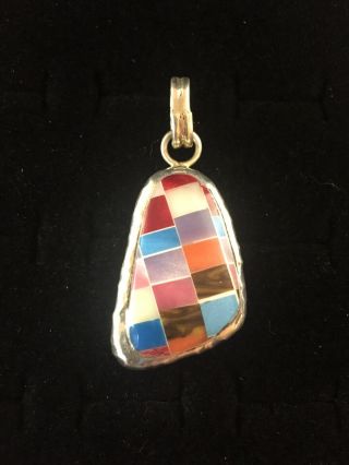 Vintage Sterling Silver Pendant Multi Color Stone Inlay Mosaic Hammered Edges