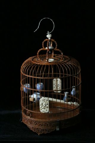 Antique Early 20thc Chinese Carved Wood Bird Cage With Porcelain Feeders