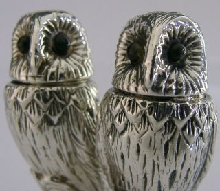 English Novelty Solid Sterling Silver Owl Salt & Pepper Pots Cruet 2003