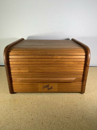 Vintage 1960`s 70`s Solid Teak Wood Tambour Roll Top Bread Box Thailand Breadbox