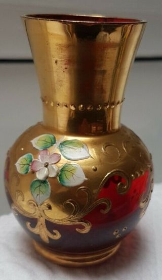 Vintage Murano Bohemian Ruby Red Glass Small Vase Gold Floral Bands Motif Trims