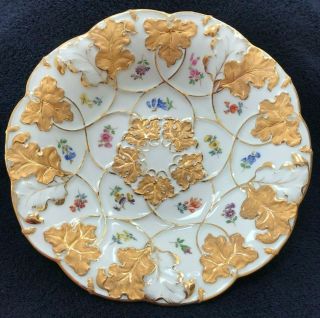 Antique Meissen Porcelain Bowl Plate,  Gold Leaves Painted Flowers 11 In
