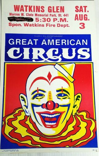 Vtg Circus Cardboard Poster Watkins Glen Great American 22 X 14 "