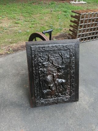 Antique Cast Iron Fireplace Fire Back W/ Stag Motif