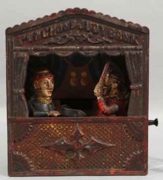 19thC Antique Punch and Judy Cast Iron Mechanical Bank,  Shepard Hardware Co,  NR 2