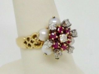 Antique 14k Yellow Gold Natural Ruby & Diamond Cultured Pearl Filigree Ring Sz 7