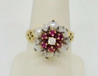 Antique 14K Yellow Gold Natural Ruby & Diamond Cultured Pearl Filigree Ring Sz 7 2