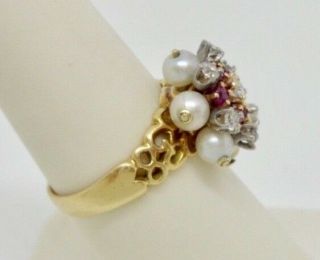 Antique 14K Yellow Gold Natural Ruby & Diamond Cultured Pearl Filigree Ring Sz 7 3