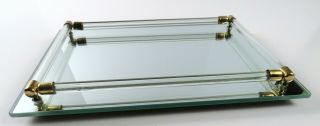Vintage Mirrored Perfume Bottle Vanity Dresser Tray W/ Glass Rod Rails,  Brass