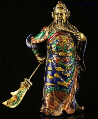 Old Chinese Bronze Cloisonne Enamel Gilt Guan Gong Yu Warrior God Dragon Statue