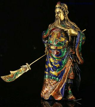 Old Chinese Bronze Cloisonne Enamel Gilt Guan Gong Yu Warrior God Dragon Statue 2